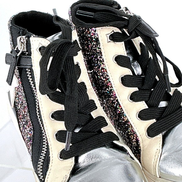 Nina Size 13 Kids Yuti Star High Top Sneakers Silver Black Glitter Lace Up Zip - Picture 13 of 16
